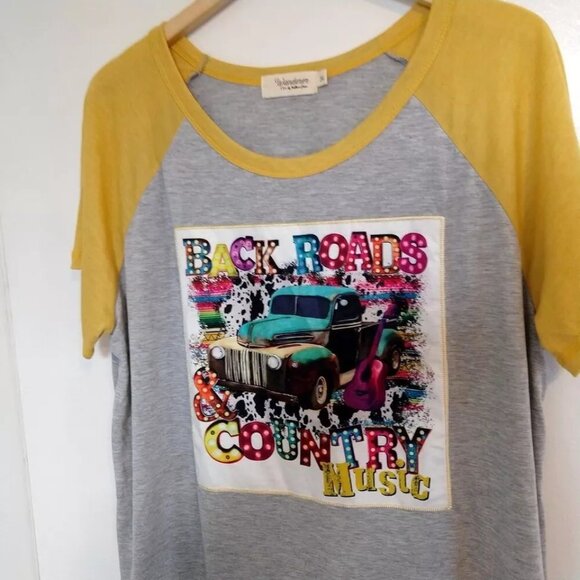 Back Roads & Country Music Ringer Tee T-shirt Pickup Truck Wanderer 2XL - Picture 1 of 5